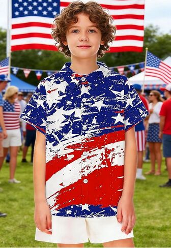 CAZYCHILD Kids USA 4th of July قميص الفتيات والفتيان العلم الأمريكي زر أسفل قصيرة الأكمام الوطنية المحملة القمم 5-14Y in Kuwait