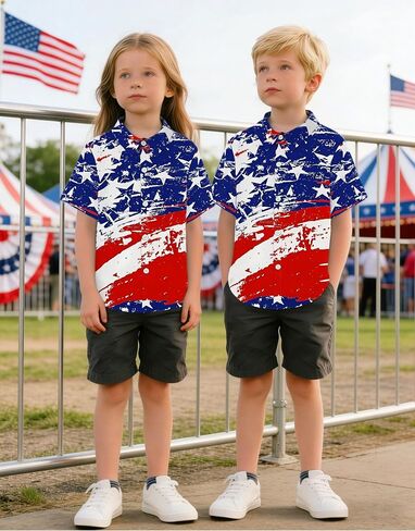 CAZYCHILD Kids USA 4th of July قميص الفتيات والفتيان العلم الأمريكي زر أسفل قصيرة الأكمام الوطنية المحملة القمم 5-14Y in Kuwait