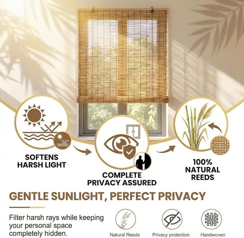 Glimer Reed Roll Up Blinds for Windows, Natural Reed Bamboo Shades for Indoor & Outdoor Use, Light Filtering Privacy Window Covering for Patio, Porch, Balcony in Saudi Arabia