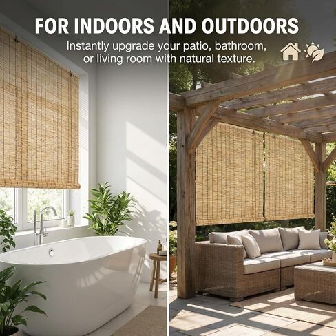 Glimer Reed Roll Up Blinds for Windows, Natural Reed Bamboo Shades for Indoor & Outdoor Use, Light Filtering Privacy Window Covering for Patio, Porch, Balcony in Saudi Arabia
