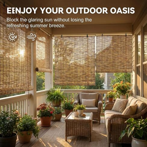 Glimer Reed Roll Up Blinds for Windows, Natural Reed Bamboo Shades for Indoor & Outdoor Use, Light Filtering Privacy Window Covering for Patio, Porch, Balcony in Saudi Arabia
