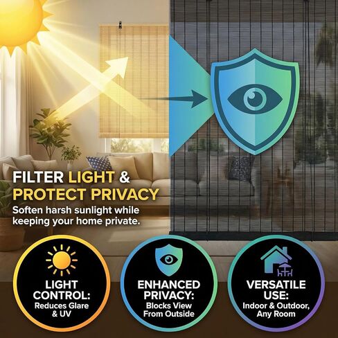 Glimer Bamboo Blinds for Interior Windows, Natural Roll Up Bamboo Shades for Indoor Windows & Outdoor Patio, Light Filtering Bamboo Window Shades for Living Room, Porch, Balcony, Easy to Install in Saudi Arabia