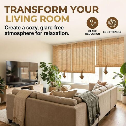 Glimer Bamboo Blinds for Interior Windows, Natural Roll Up Bamboo Shades for Indoor Windows & Outdoor Patio, Light Filtering Bamboo Window Shades for Living Room, Porch, Balcony, Easy to Install in Saudi Arabia