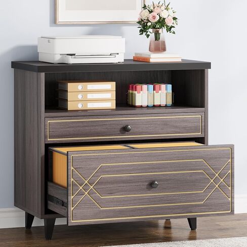Lateral File Cabinet with Shelf, 2 Drawer Filing Cabinet for A4/Letter/Legal Size, Modern Industrial Office Storage Cabinet Printer Stand for Home Office, White and Light Brown in Kuwait