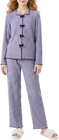 CARETOO Girls Pajamas 2PCS Ribbed Knit Pjs Set Lettuce Trim Sleepwear Soft Long Sleeve Long Pants Lounge Set 7-16Y in Saudi Arabia