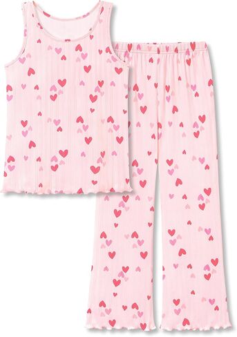 Beezizac Girls' Pointelle Knit Lettuce Trim Pajama - Cute Floral/Cherry Tank & Flared Wide-Leg Pants 2-pc PJs Sizes 6-18 in Saudi Arabia