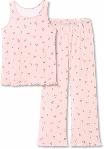 Beezizac Girls' Pointelle Knit Lettuce Trim Pajama - Cute Floral/Cherry Tank & Flared Wide-Leg Pants 2-pc PJs Sizes 6-18 in Saudi Arabia