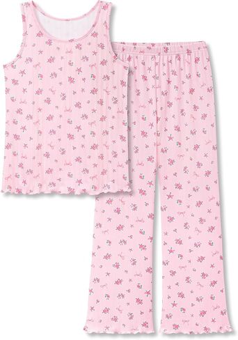 Beezizac Girls' Pointelle Knit Lettuce Trim Pajama - Cute Floral/Cherry Tank & Flared Wide-Leg Pants 2-pc PJs Sizes 6-18 in Saudi Arabia