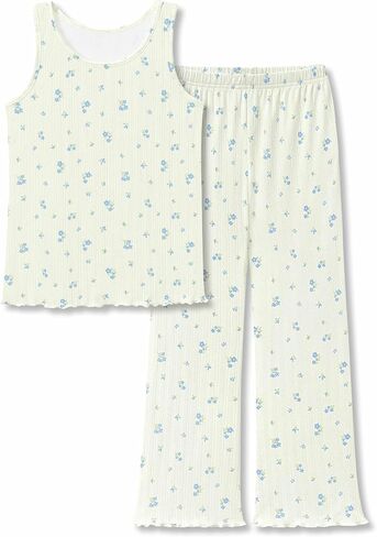 Beezizac Girls' Pointelle Knit Lettuce Trim Pajama - Cute Floral/Cherry Tank & Flared Wide-Leg Pants 2-pc PJs Sizes 6-18 in Saudi Arabia