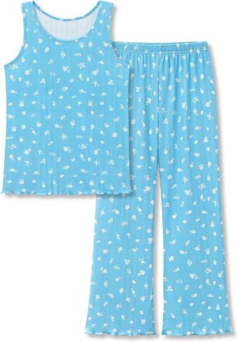Beezizac Girls' Pointelle Knit Lettuce Trim Pajama - Cute Floral/Cherry Tank & Flared Wide-Leg Pants 2-pc PJs Sizes 6-18 in Saudi Arabia