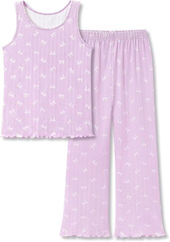 Beezizac Girls' Pointelle Knit Lettuce Trim Pajama - Cute Floral/Cherry Tank & Flared Wide-Leg Pants 2-pc PJs Sizes 6-18 in Saudi Arabia