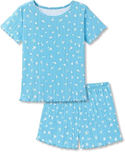 Beezizac Girls Pointelle Knit Lettuce Trim Pajama Set-Cute Floral/Cherry/Bow Tee & Shorts 2-pc PJs Sizes 6-18 in Saudi Arabia