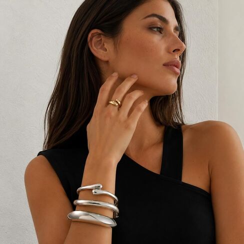 Chunky Gold Bangle Bracelets for Women, 14K Gold Plated Big Stackable Bangles Rings Jewelry Set, Trendy Statement Cuff Bracelets Stack Fashion Jewelry Gifts in Kuwait