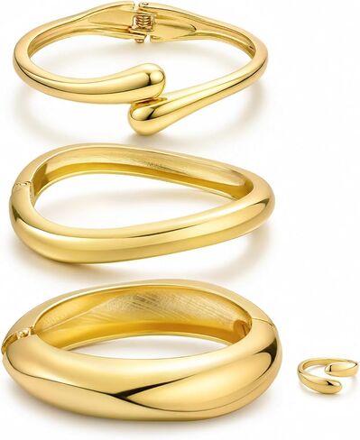 Chunky Gold Bangle Bracelets for Women, 14K Gold Plated Big Stackable Bangles Rings Jewelry Set, Trendy Statement Cuff Bracelets Stack Fashion Jewelry Gifts in Kuwait
