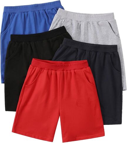 5 Pack Kids Cotton Shorts Elastic Waist with Pockets for Boys 3-13Y in Kuwait