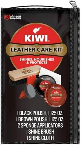 مجموعة تلميع الأحذية - ملمع الأحذية KIWI® باللونين الأسود والبني (32 جرامًا لكل منهما) - مجموعة العناية بالأحذية الجلدية مع فرشاة شعر الحصان ودوبر وقماش - مجموعة تلميع الأحذية الطويلة والفساتين in Kuwait
