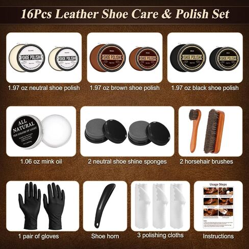 Cruzix Shoe Care Kit for Men Women-16 PCS Shoe Shine Kit Gifts with Black/Brown/Neutral Shoe Polish Kit, Mink Oil, Horsehair Brushes,Shine Sponges Cloth for Leather Shoe Boot Cleaning and Care in Saudi Arabia
