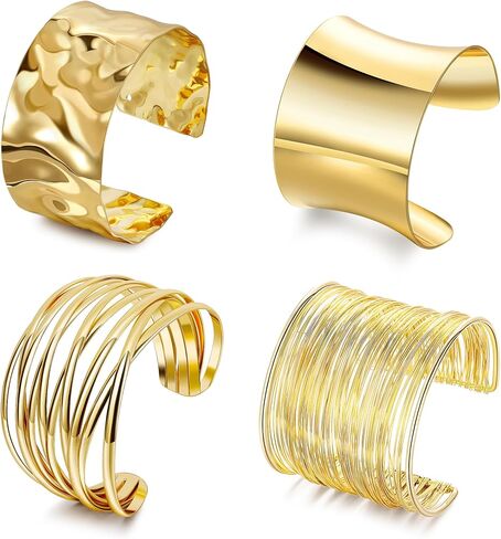 4Pcs Chunky Gold Cuff Bracelects for Women Gold Bangles Irregular Minimalist Statement Bangle Bracelets Set Open Wide Bangle Upper Arm Cuff Jewelry in Kuwait