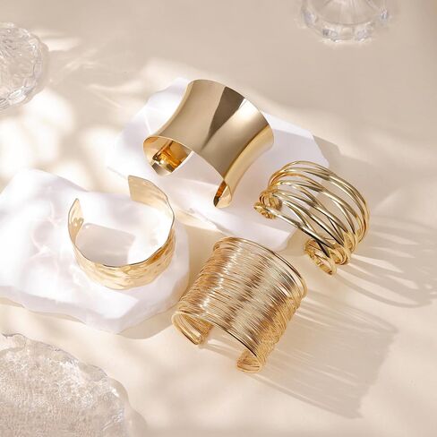 4Pcs Chunky Gold Cuff Bracelects for Women Gold Bangles Irregular Minimalist Statement Bangle Bracelets Set Open Wide Bangle Upper Arm Cuff Jewelry in Kuwait