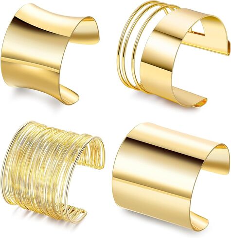 4Pcs Chunky Gold Cuff Bracelects for Women Gold Bangles Irregular Minimalist Statement Bangle Bracelets Set Open Wide Bangle Upper Arm Cuff Jewelry in Kuwait