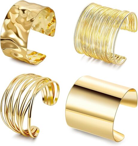4Pcs Chunky Gold Cuff Bracelects for Women Gold Bangles Irregular Minimalist Statement Bangle Bracelets Set Open Wide Bangle Upper Arm Cuff Jewelry in Kuwait