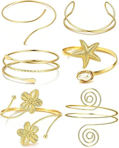 6 Pcs Arm Cuff Bracelet for Women Gold Adjustable Bangle Band Armlet Boho Starfish Flower Arm Braclet Jewelry Upper Arm in Saudi Arabia
