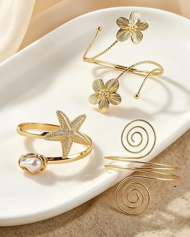 6 Pcs Arm Cuff Bracelet for Women Gold Adjustable Bangle Band Armlet Boho Starfish Flower Arm Braclet Jewelry Upper Arm in Saudi Arabia