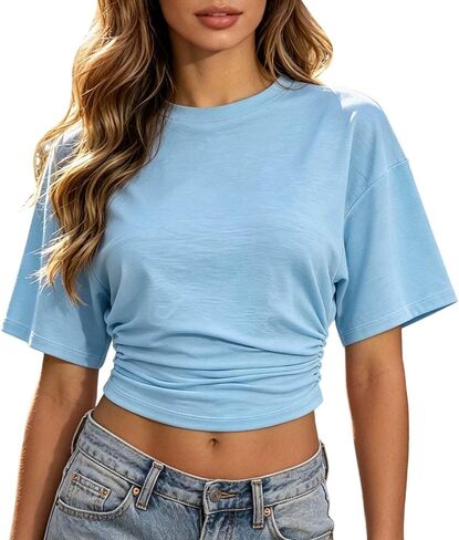 Cinched Waist Tops for Women Trendy Summer Ruched Short Sleeve Crop Top Slim Fitted Basic Tees Going Out T Shirts in Saudi Arabia