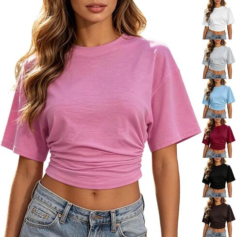 Cinched Waist Tops for Women Trendy Summer Ruched Short Sleeve Crop Top Slim Fitted Basic Tees Going Out T Shirts in Saudi Arabia