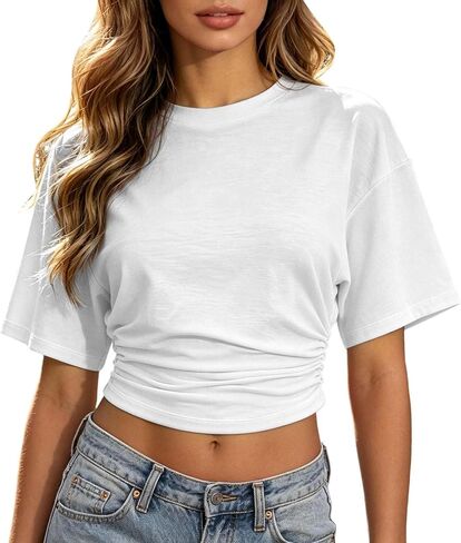 Cinched Waist Tops for Women Trendy Summer Ruched Short Sleeve Crop Top Slim Fitted Basic Tees Going Out T Shirts in Saudi Arabia