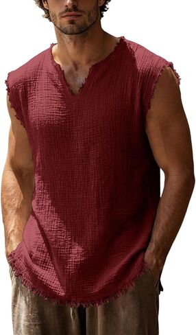 Mens Tank Tops Cotton Loose Fit Breathable V-Neck Sleeveless Shirts Summer Beach Casual Workout Linen Tank Tops in Saudi Arabia