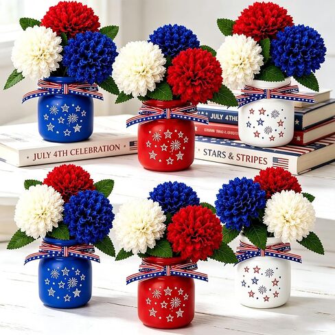 6 Sets Glass Mason Jar Patriotic Centerpieces for Tables, 4th of July Decorations with Artificial Red White Blue Flowers, Memorial Day Americana Farmhouse Table Decor in Saudi Arabia