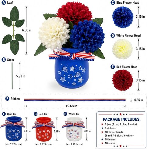 6 Sets Glass Mason Jar Patriotic Centerpieces for Tables, 4th of July Decorations with Artificial Red White Blue Flowers, Memorial Day Americana Farmhouse Table Decor in Saudi Arabia