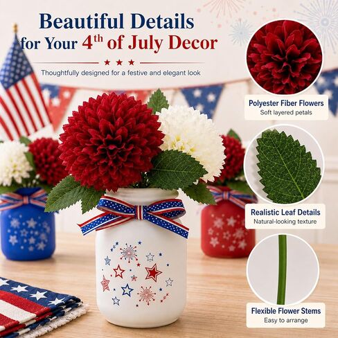 6 Sets Glass Mason Jar Patriotic Centerpieces for Tables, 4th of July Decorations with Artificial Red White Blue Flowers, Memorial Day Americana Farmhouse Table Decor in Saudi Arabia