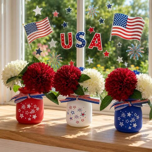 6 Sets Glass Mason Jar Patriotic Centerpieces for Tables, 4th of July Decorations with Artificial Red White Blue Flowers, Memorial Day Americana Farmhouse Table Decor in Saudi Arabia