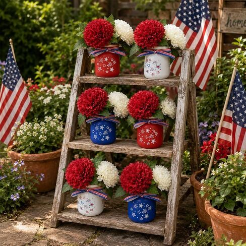 6 Sets Glass Mason Jar Patriotic Centerpieces for Tables, 4th of July Decorations with Artificial Red White Blue Flowers, Memorial Day Americana Farmhouse Table Decor in Saudi Arabia