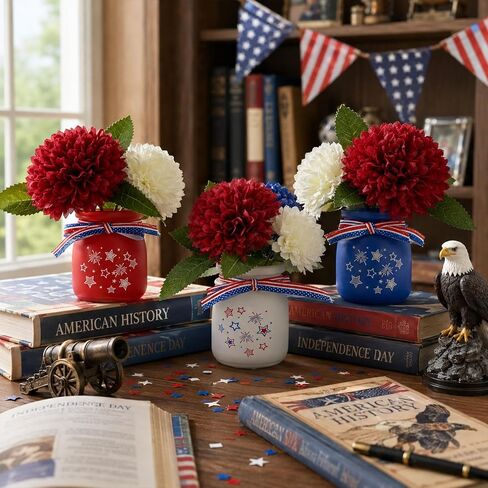 6 Sets Glass Mason Jar Patriotic Centerpieces for Tables, 4th of July Decorations with Artificial Red White Blue Flowers, Memorial Day Americana Farmhouse Table Decor in Saudi Arabia