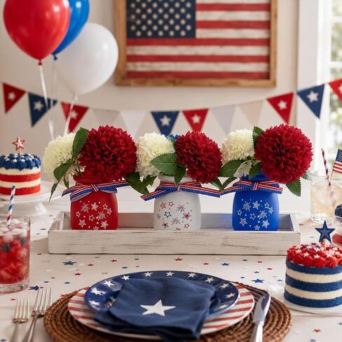 6 Sets Glass Mason Jar Patriotic Centerpieces for Tables, 4th of July Decorations with Artificial Red White Blue Flowers, Memorial Day Americana Farmhouse Table Decor in Saudi Arabia