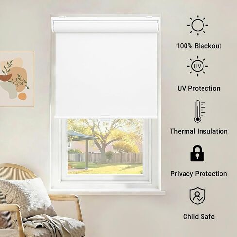 100% Blackout Indoor Cordless Roller Shades for Windows,Room Darkening Rolled Up Blinds with Spring System,Thermal Insulated UV Protection Waterproof Fabric for Home Office (White,34"W x 72"H) in Kuwait