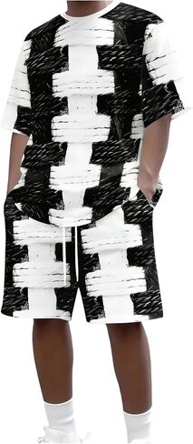 WDIRARA Men's 3D Graphic Print 2 Piece Outfits Short Sleeve T Shirt Drawstring Shorts Set Tracksuits in Kuwait