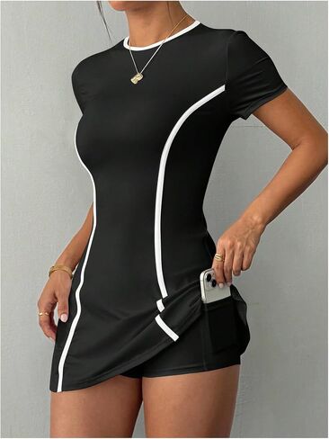 WDIRARA Women's Tennis Dress Workout Athletic Short Sleeve Golf Dresses with Shorts in Kuwait
