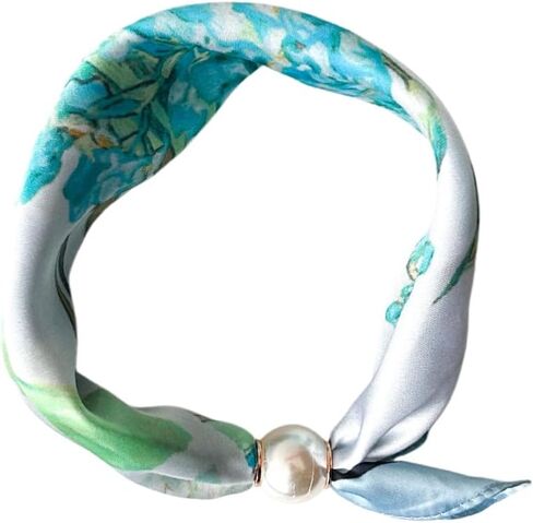 Women’s Silk Pearl magnetic buckle Scarf with Charm Buckle Satin Square Scarf for Neck Retro Floral Print，hair band in Kuwait