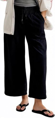 Womens Mid Rise Wide Leg Jeans Drawstring Ankle Baggy Casual Elastic Fashion Boyfriend Denim Pants with Pockets in Saudi Arabia