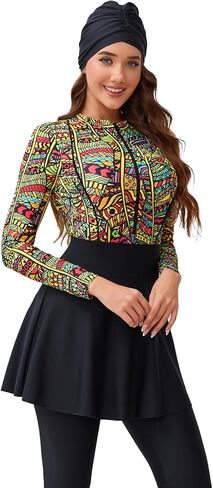 New Patchwork Design Muslim Swimdress - Long Sleeve Burkini with Attached Hoodie & Swim Cap in Saudi Arabia