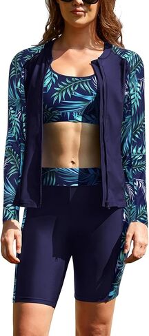 SHEKINI Women's 3 Piece Long Sleeve Zip Up Rash Guard Swimsuit with Boyshorts & Sports Bikini Top in Kuwait