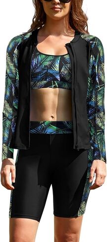 SHEKINI Women's 3 Piece Long Sleeve Zip Up Rash Guard Swimsuit with Boyshorts & Sports Bikini Top in Kuwait