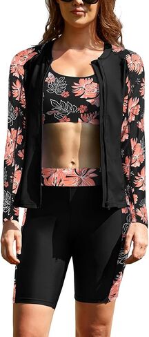 SHEKINI Women's 3 Piece Long Sleeve Zip Up Rash Guard Swimsuit with Boyshorts & Sports Bikini Top in Kuwait