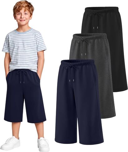 3 Pack Boys' Capri Pants 3/4 Wide Leg Casual Drawstring Capri Sweatpants Basic Athletic Cropped Pants with Pockets in Kuwait