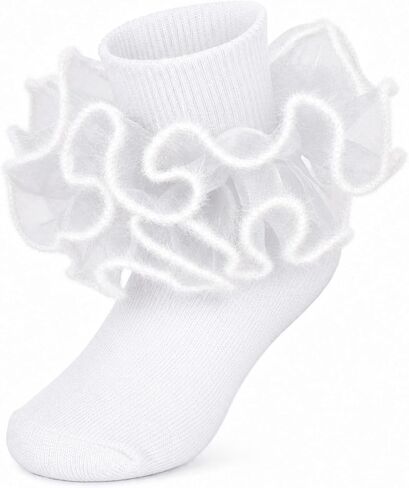 Girls Ruffle Lace Socks for Toddler Double Layer Fluffy Organza Frilly Dress Sock Soft Cotton for Party Daily Wear in Saudi Arabia