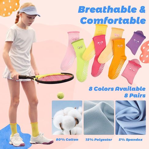 8 Pairs Girls Kids Ruffle Socks, Colorful Cute Frilly Grip Cotton Crew Socks with Bow, Uniform School Dress Non-slip Bubble Cuff Sock for Girls 9-12 Years in Kuwait